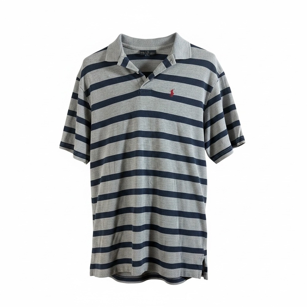 Polo Ralph Lauren Mens Large Grey Navy Blue Striped Short Sleeve Polo Shirt